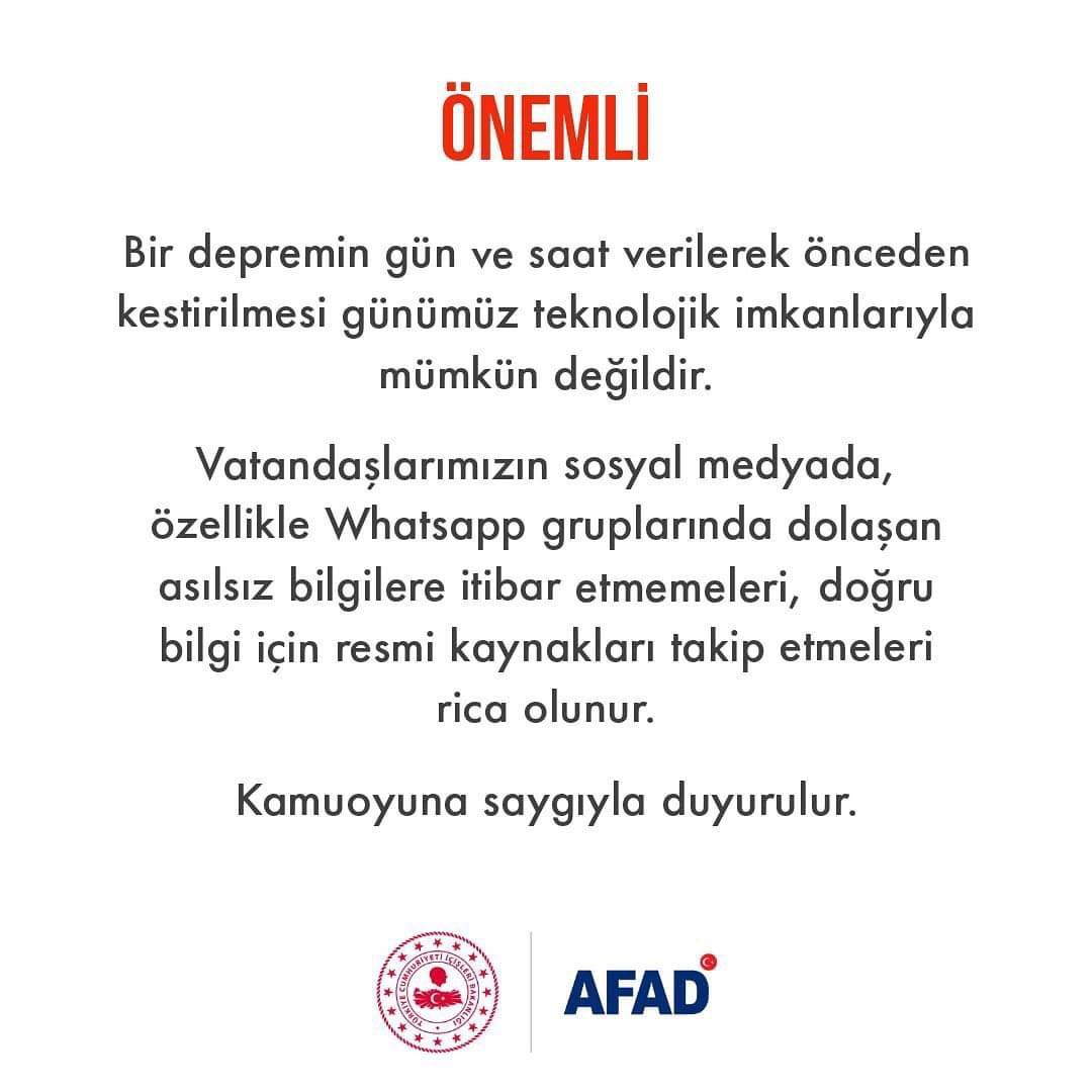 Sosyal medya ve WhatsApp gruplarında deprem ile ilgili dolaşıma sokulan asılsız bilgilere lütfen itibar etmeyelim ‼️‼️